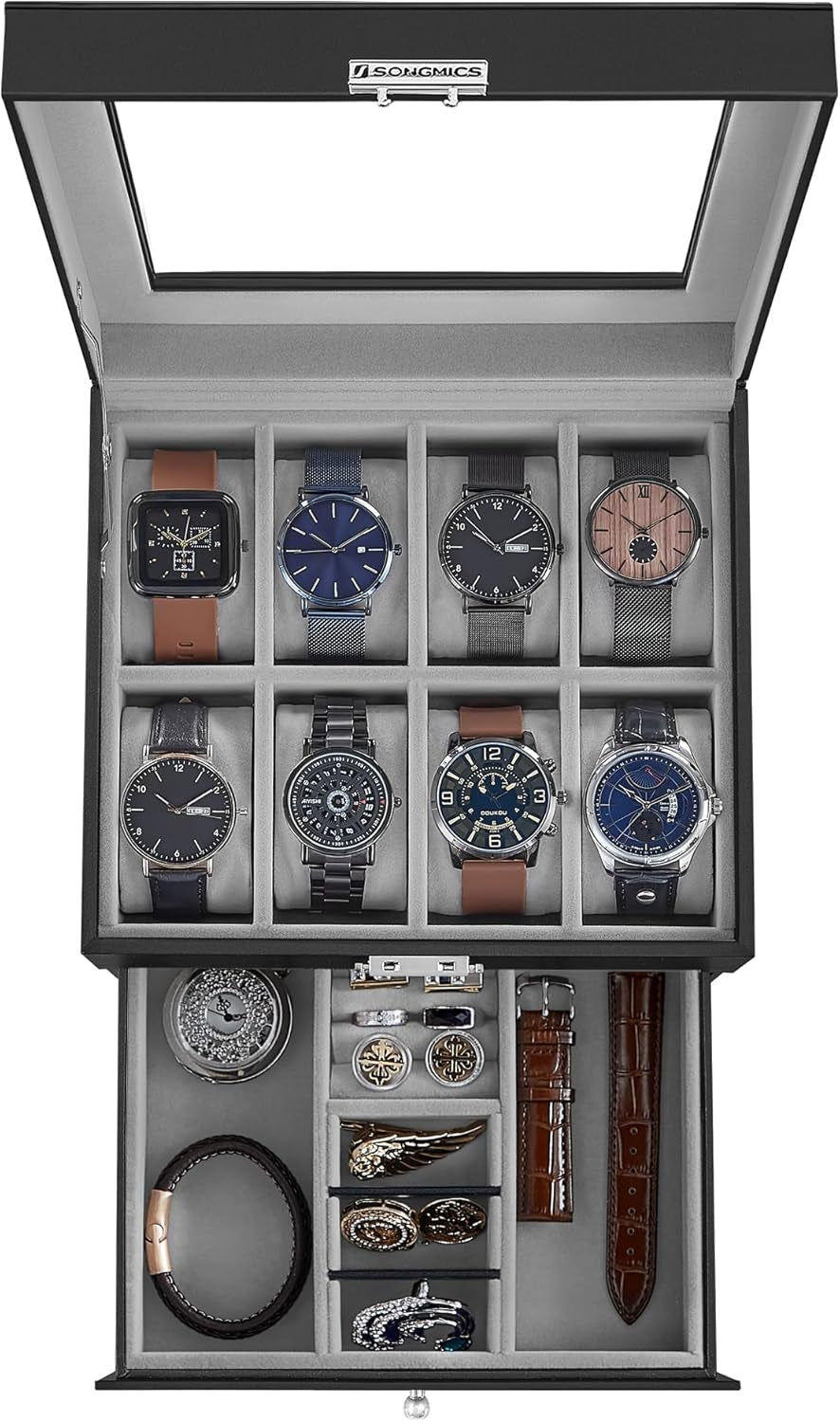 Watch Box, 20-Slot Watch Case Organizer with Large Glass Lid, Removable Pillows, Metal Lock, Gift for Loved Ones, Black Synthetic Leather, Wine Red Lining UJWB020R01