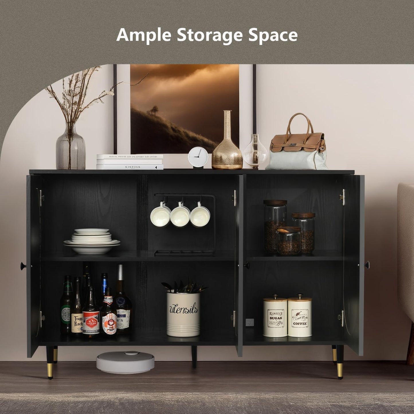 Black Rattan Buffet Cabinet, Rattan 3 Doors Buffet Cabinet with Storage, 47'' Sideboard with Adjustable Shelf for Kitchen, Living Room
