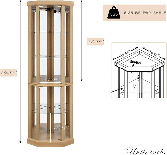 Corner Curio Cabinet, 70" H Lighted Glass Display Cage with Tempered Glass Doors and 5 Adjustable Shelves, Light Bulb Inclued, Wine Bar China Cabinet for Living Room (Light Oak)