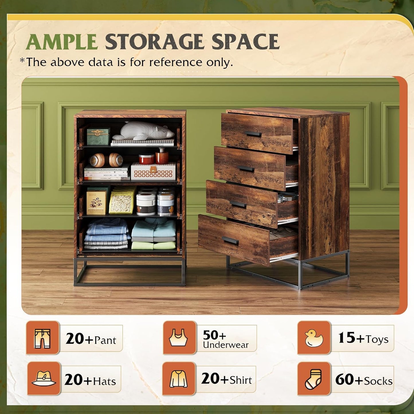 Wood Dresser for Bedroom with 4 Drawers, Tall Dresser with Sturdy Metal Frame, Wooden Chest of Drawers for Hallway, Living Room, Closet, Brown Oak