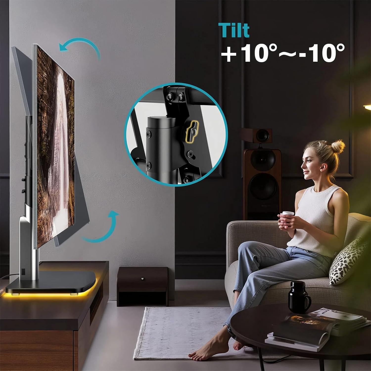 Universal TV Stand Tabletop TV Mount with Power Outlet for 50-90 Inch OLED LED Monitors, 9 Levels Height Adjustment, Ambient Lighting on the Bottom Holds up to 150Lbs, Black 600X400Mm