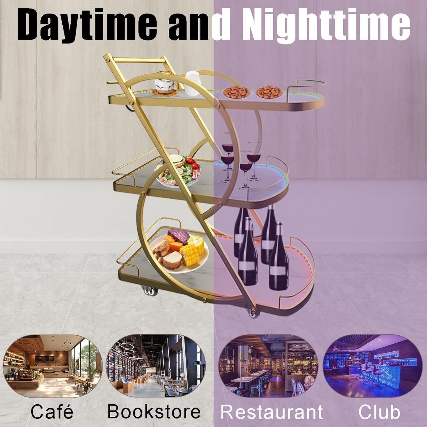 Serving Cart with Light, 3 Tiers Home Bar Serving Wine Trolly with Casters, Movable Beverage Cart with Handle for Kitchen Diningroom Bars Hotel Parties(Gold, 30.7X17.3X38.6 In)
