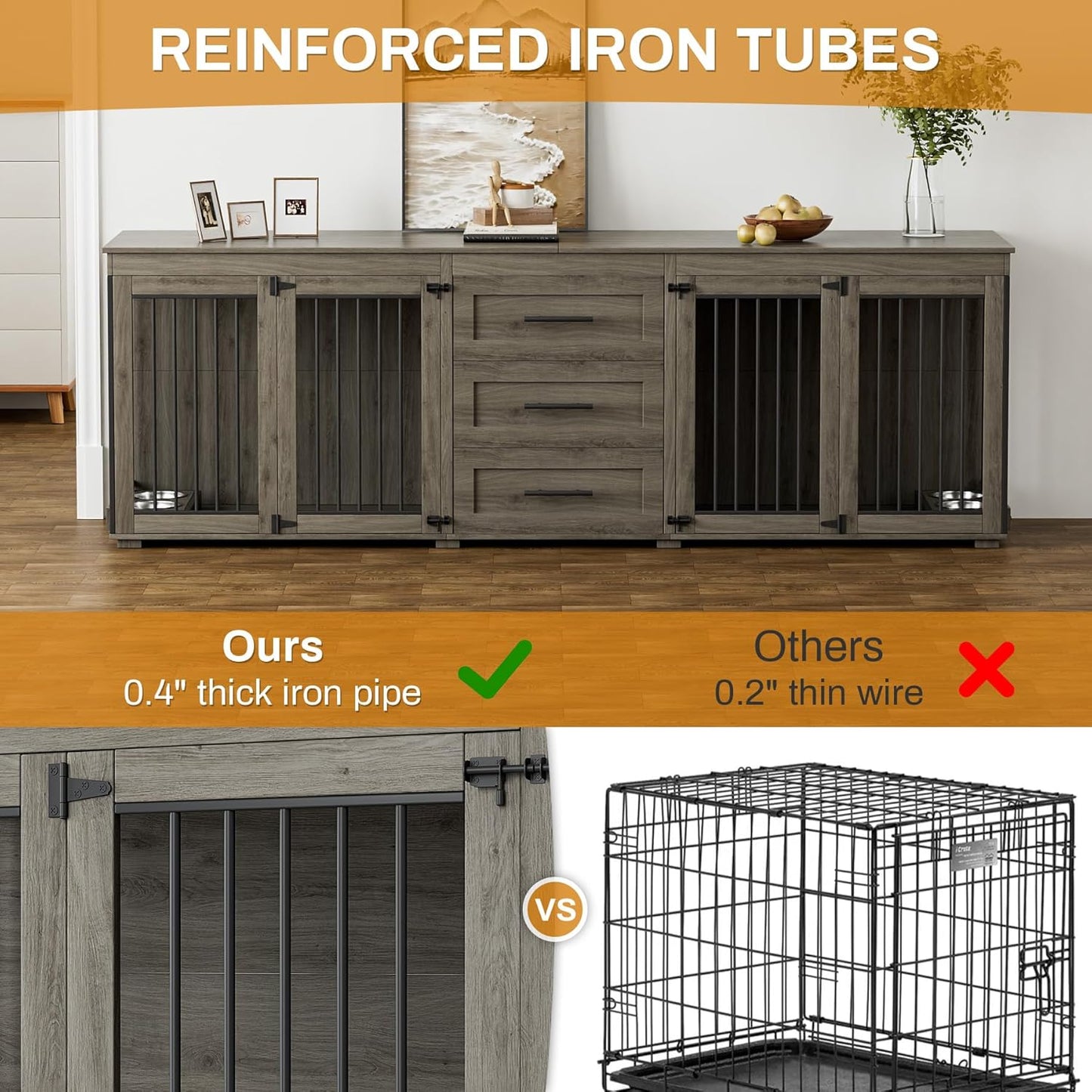 94.5" Large Dog Crate Furniture for 2 Dogs, Double Wooden Dog Kennel Furniture with 4 Dog Bowls & 3 Drawers, Heavy Duty Indoor Furniture Style Dog Cage TV Stand/Table/House, Grey