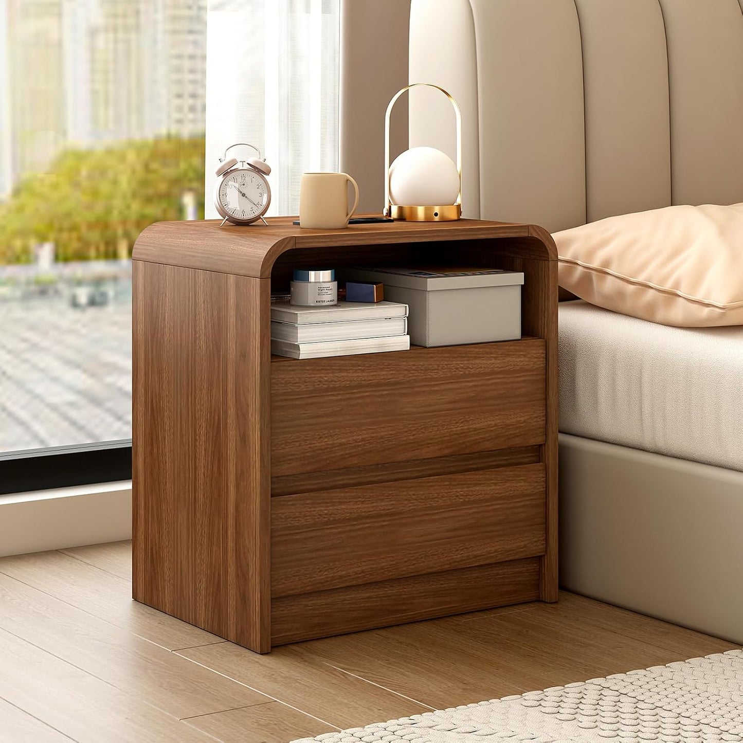 Walnut mid century nightstand set with charging station, view 7