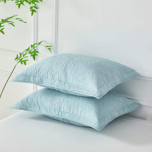 100% Cotton Quilted Pillow Sham Floral Printed Pillow Cover King Size (Baby Blue)