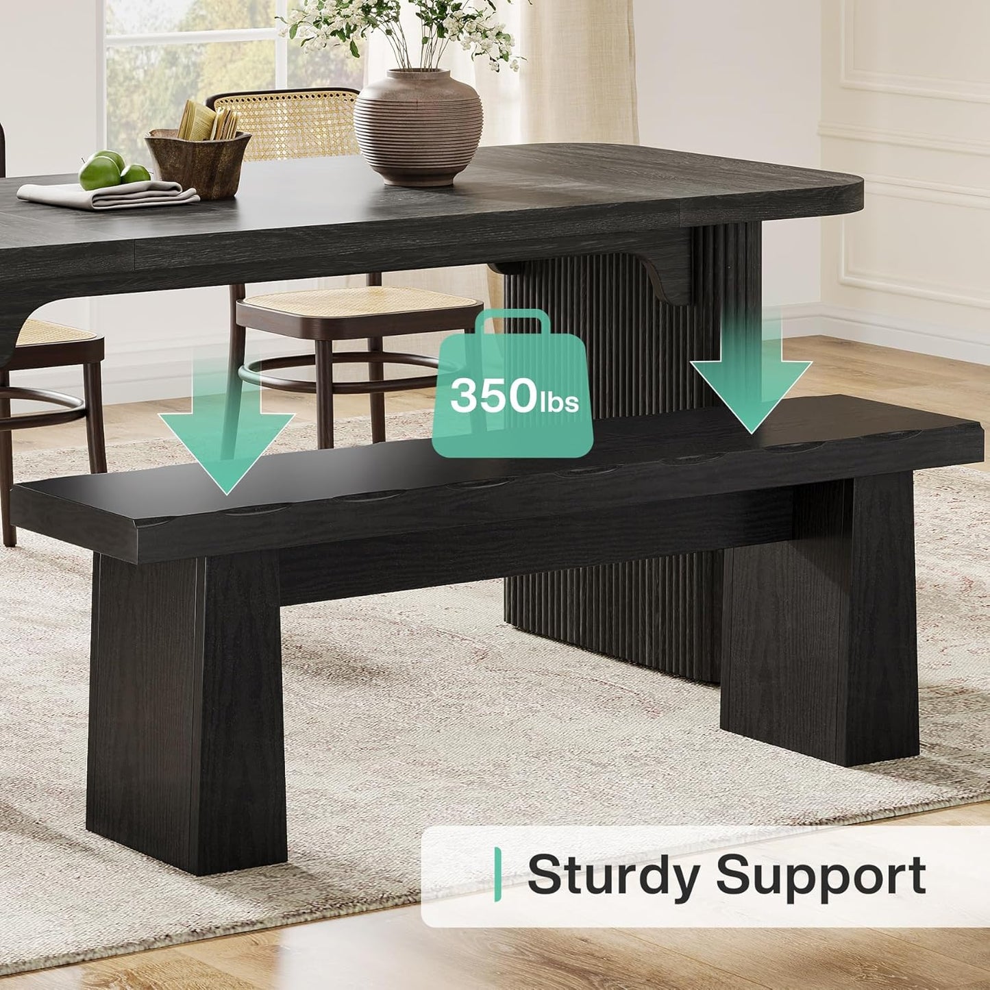 Wooden Dining Bench, 47-Inch Long Kitchen Bench with Sturdy Frame for Dining Room, Entryway, Living Room, Hallway, Easy Assembly (Black)