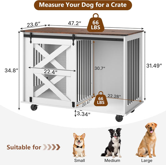 48 Inch XL Dog Crate, Wood XXL Dog Crate Furniture with Wheels, Flip-Top Feeding Door, Removable Divider, Farmhouse End Table Dog Crate with Sliding Barn Door, White