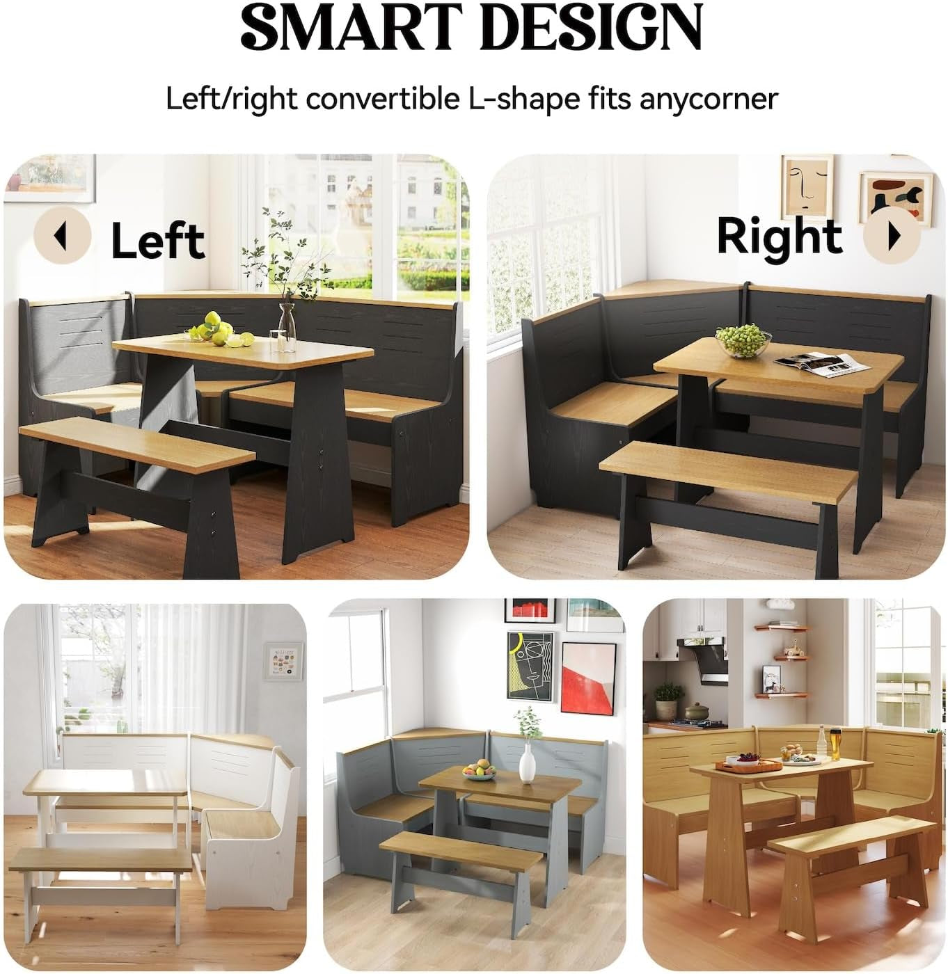Breakfast Nook Corner Dining Table Kitchen Bench Chair Set, Space-Saving 3-5 People Seat Reversible L-Shape for Family Home Black Wood