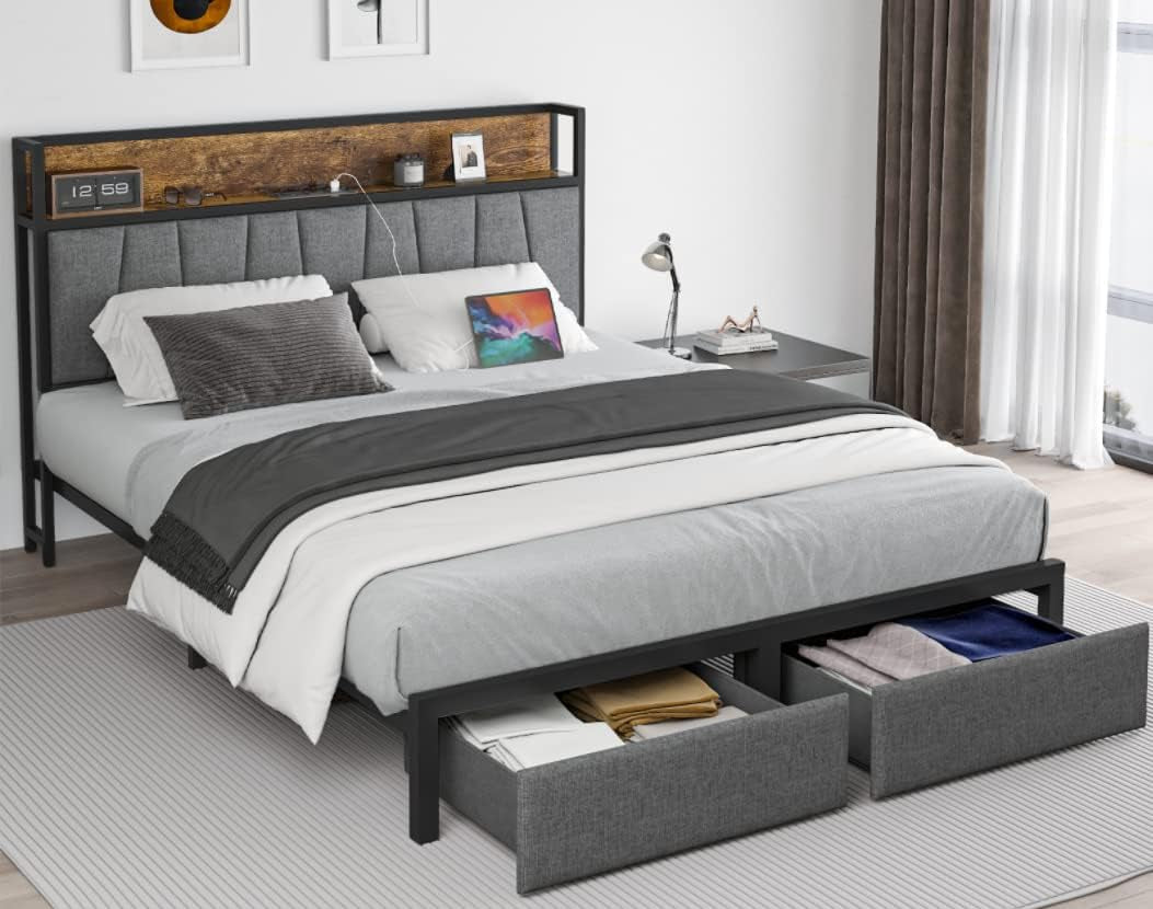 Queen Size Bed Frame with Headboard and Storage, Drawers Platform Bed Frame with Storage Chargin Station LED Light Bedframe, Heavy Duty, No Box Spring Needed