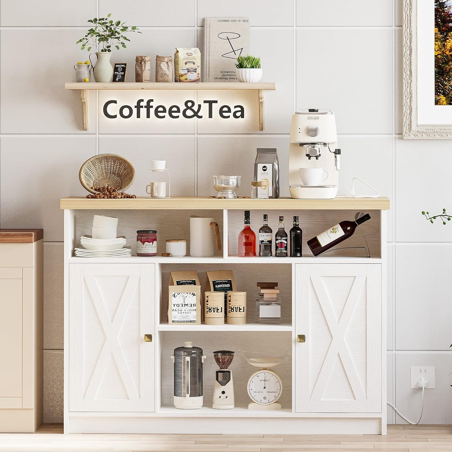 Buffet Cabinet with Power Strip, 47 “ Coffee Bar Cabinet with Barn Doors and Thickened Top Board, Modern Farmhouse Sideboard Storage Buffet for Dinning Room, Kitchen, Rustic White