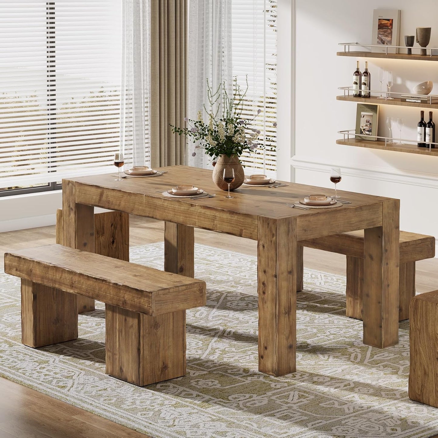 Solid Wood Dining Table for 6, 63-Inch Farmhouse Kitchen Table with Heavy Duty Legs, Rectangular Wood Dinner Table for Dining Room, Living Room (Rustic Brown)