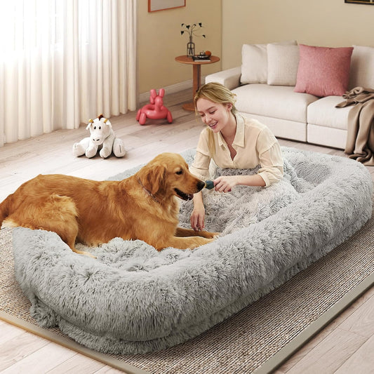 Human Dog Bed for Adults, 46 X 10 X 76 Long Human Size Dog Bed, Removable Cover, Orthopedic Design, Light Grey