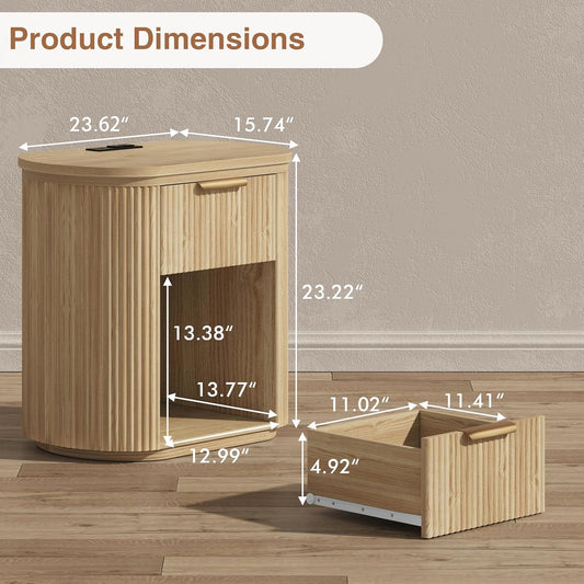 Fluted Nightstand with Charging Station, 23.6" Large Bedside Side Table with Drawer, Wood End Table with Storage, Curved round Corner, Furniture Bedroom Sofa, Mid Century Modern, Farmhouse Boho,Oak