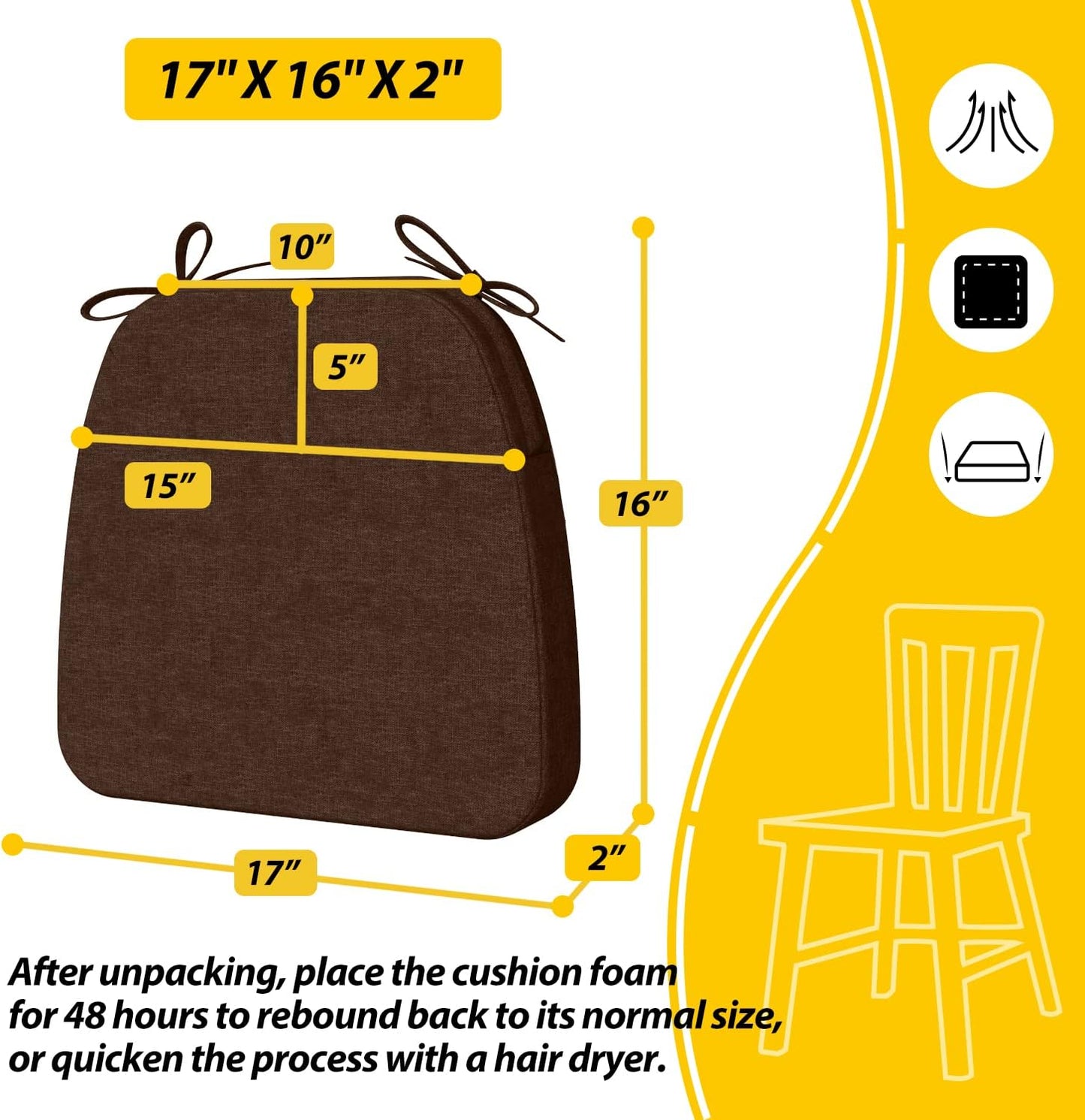 D-Shaped Chair Cushions, 2" Thick Dining Chair Pads with Ties and Removable, Machine-Washable Cover, 17" X 16", Set of 4, Brown