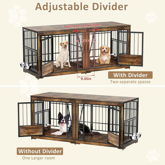 61'' Double Dog Cage Furniture for 2 Dogs, TV Stand Dog Kennel with Adjustable Divider, Heavy Duty Double Dog Crate Furniture Indoor with 4 Bowls, XL Dog Crate End Table for Medium Small Breed, Brown