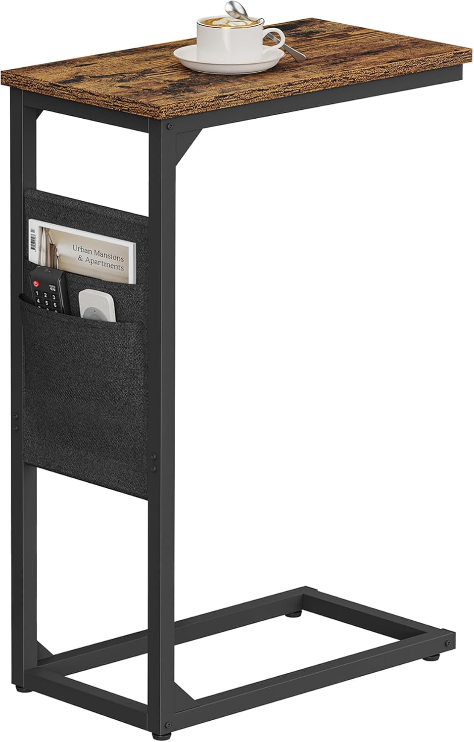 C Shaped End Table, Side Table for Couch, Sofa Table with Storage Bag, TV Tray for Living Room, Bedroom, Brown TB01BB082