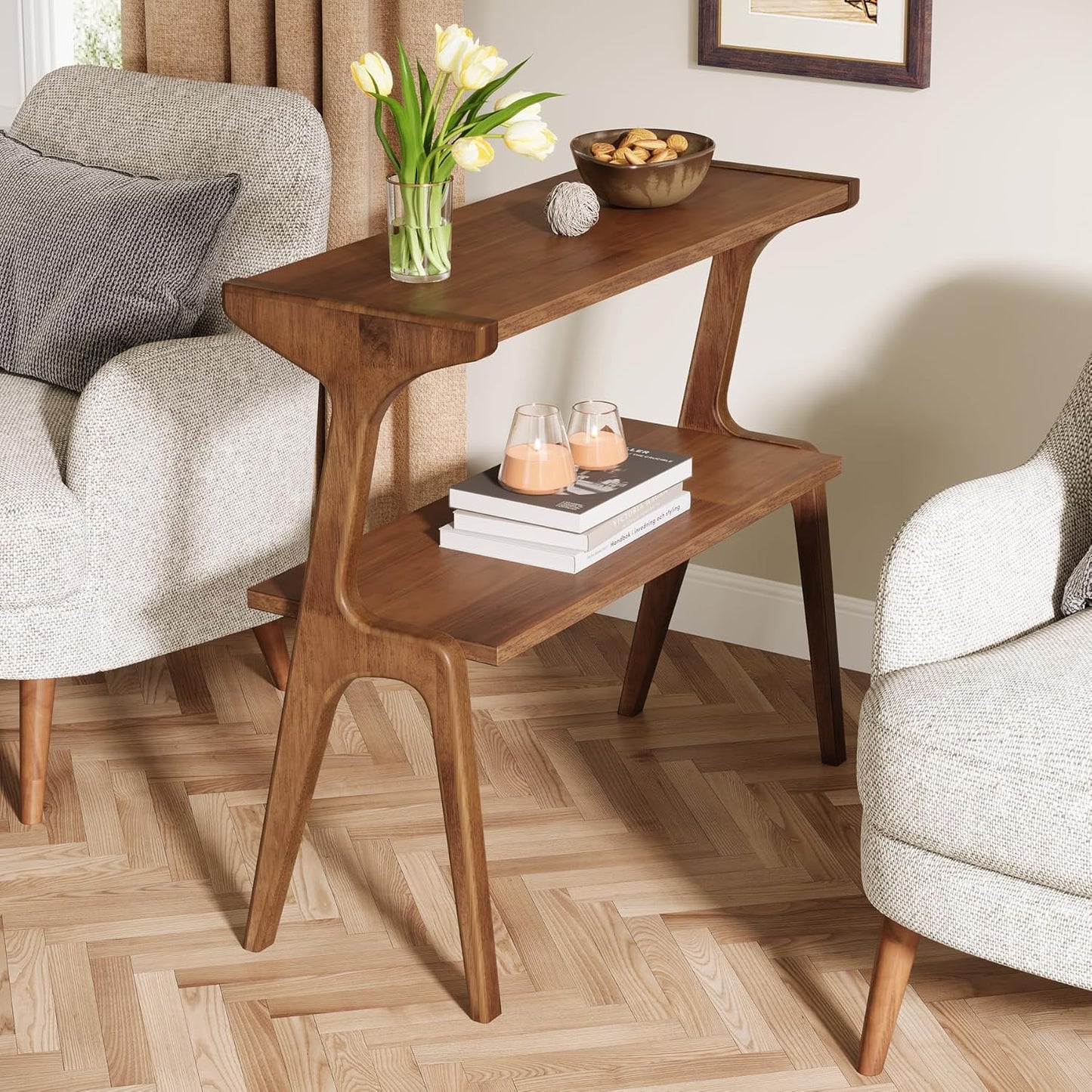 Solid Wood Side Table, 2-Tier Farmhouse Couch Side Table, Rustic Slim Tall Sofa End Table with Storage Shelf for Living Room, Skinny Bedside Table, Nightstand for Bedroom, Rustic Brown