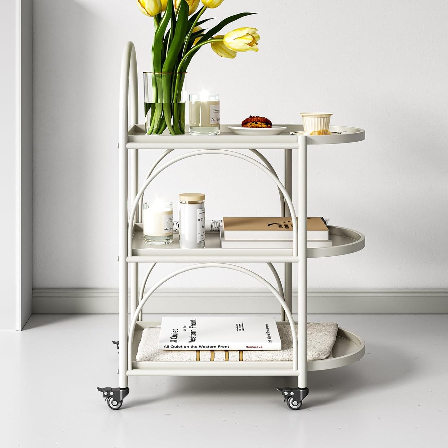 Bar Cart,Metal Serving Cart for the Home,Small Coffee Cart,Drink Cart,Beverage Cart with Lockable Wheels,Mobile Rolling Cart for Kitchen Living Room (White)