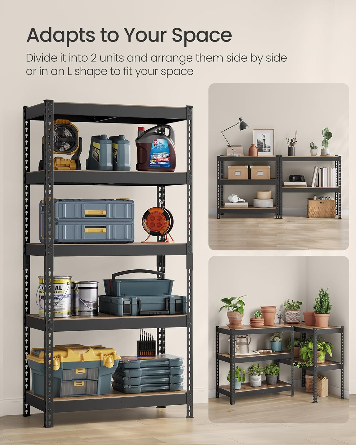 Black and rustic brown 5 tier adjustable garage storage shelves, view 7