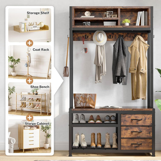 Hall Tree with Bench and Shoe Storage, Coat Rack Freestanding with 3 Fabric Drawers, Entryway Bench with Shoe Storage, Hall Tree with 12 Hooks for Hallway