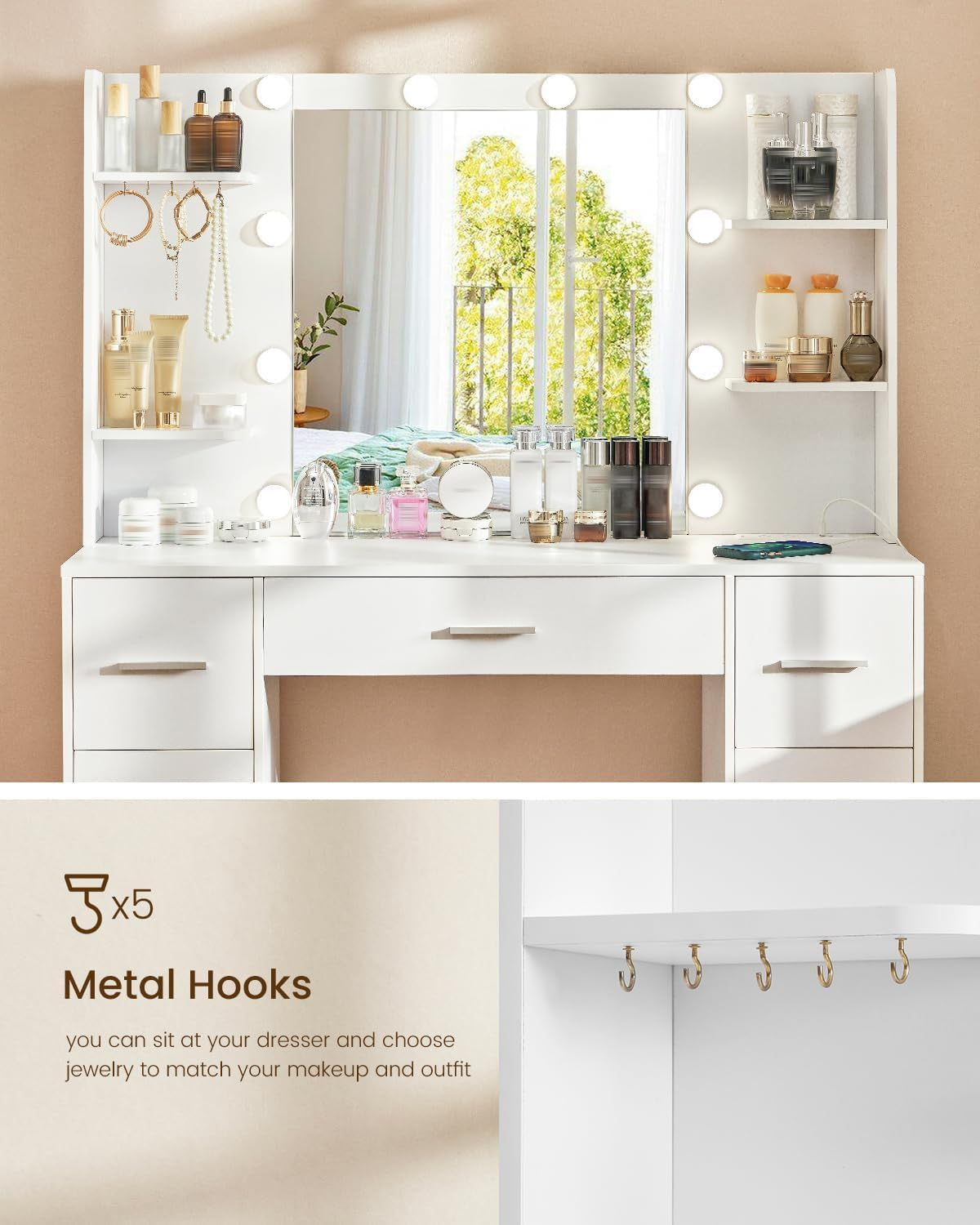 Large Vanity Desk with LED Lighted Mirror & Power Outlet,Makeup Vanity Table with 7 Drawers,4 Shelves and 5 Hooks,Vanity Table, Vanity Desk Set for Bedroom,Bathroom,White