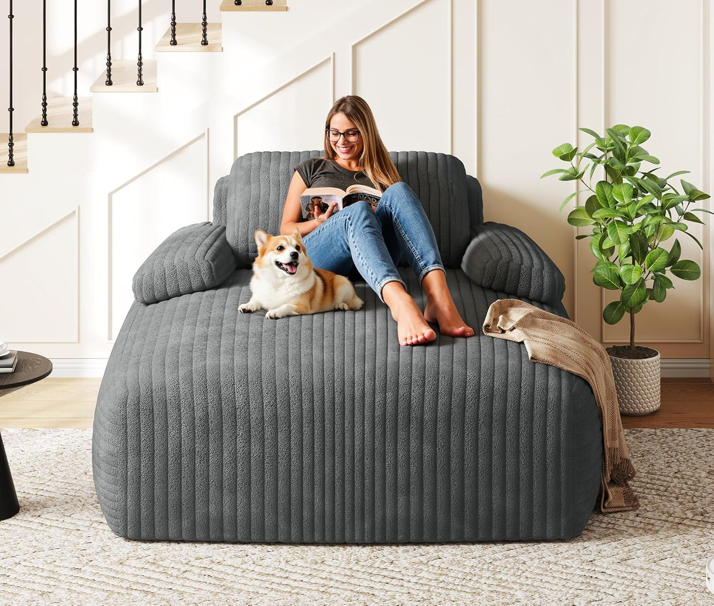 67"L X 48"W Chaise Lounge Chair Indoor, Oversized Corduroy Upholstered Boneless Sofa Bed, Deep-Seat Sleeper Couch, Reading Chair, Cloud Sofa Couch for Living Room, No Assembly Required, Grey