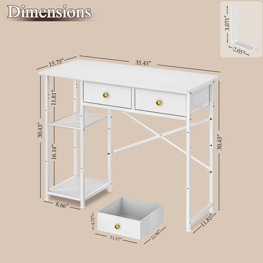 White Computer Desk, 36 Inch Small Desk with Drawers, Home Office Desk with Storage Shelves for Bedroom, Living Room, Dorm, Vanity Desk for Small Spaces, White