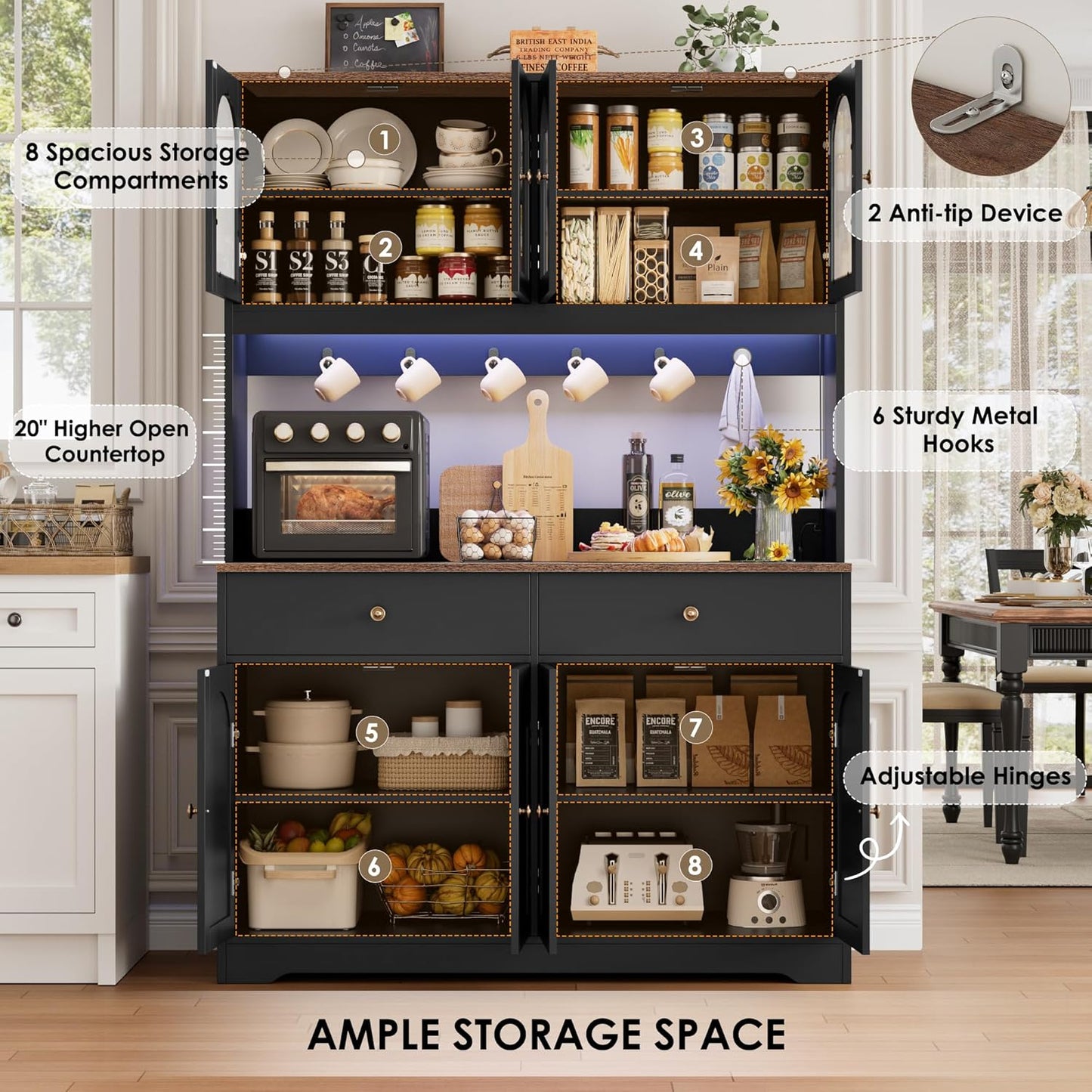 71" LED Kitchen Pantry Cabinet with Power Outlet, Large Kitchen Hutch Storage Cabinet with Arched Door & Shelves & 2 Drawers, Tall Farmhouse Coffee Bar W/Hutch for Home Dining Living Room, Black