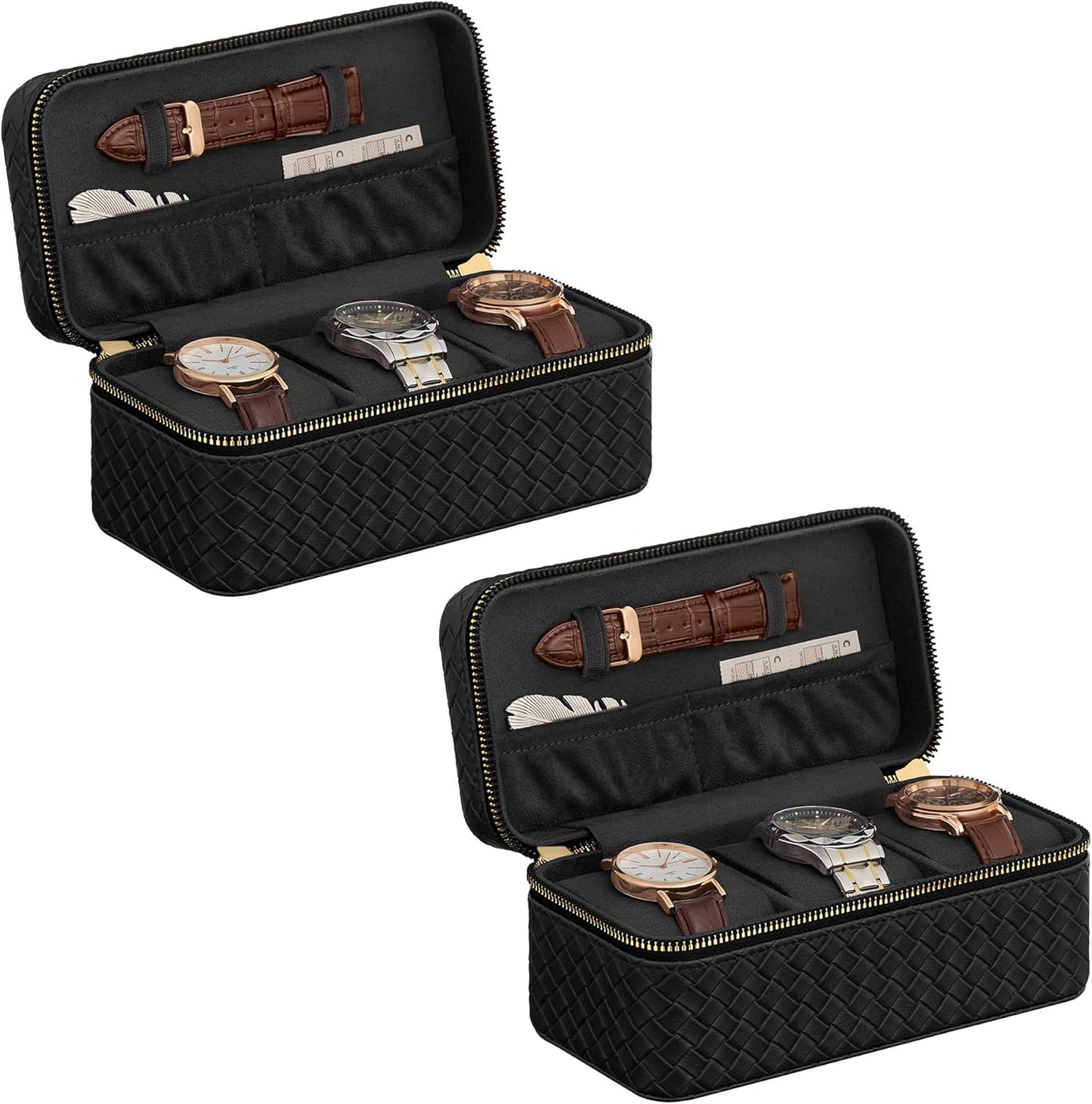 HOME RONNE Collection - 3 Watch Travel Cases, Pack of 2, 3-Slot Watch Boxes, Woven Embossed PU Leather, 3.9 X 7.9 X 3.5 Inches, Gift Idea, Ink Black Surface, Ink Black Lining UJWB017B01-2J
