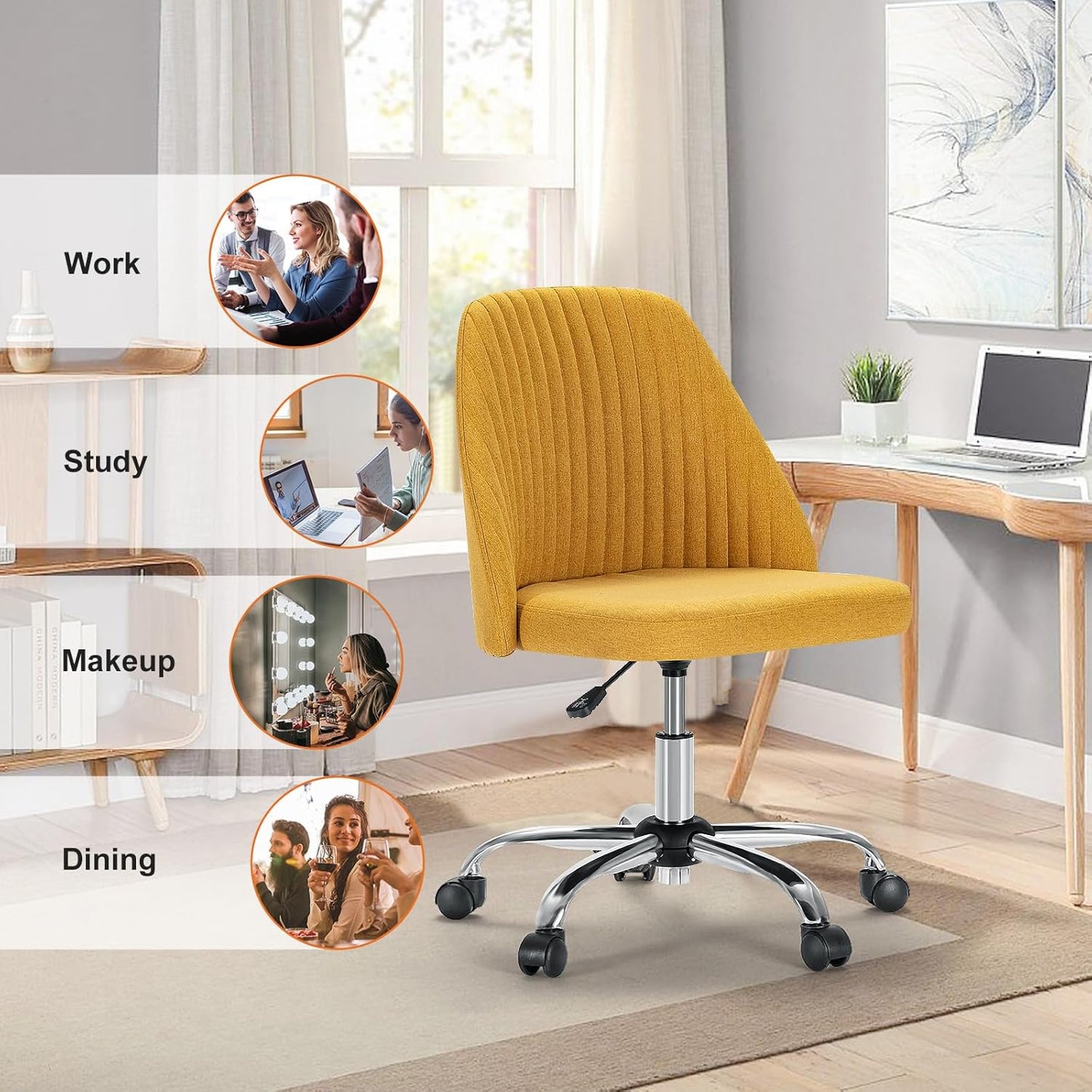 Armless Office Chair, Modern Fabric Home Office Desk Chairs with Wheels Adjustable Swivel Task Computer Vanity Seat for Small Spaces,Ginger Yellow