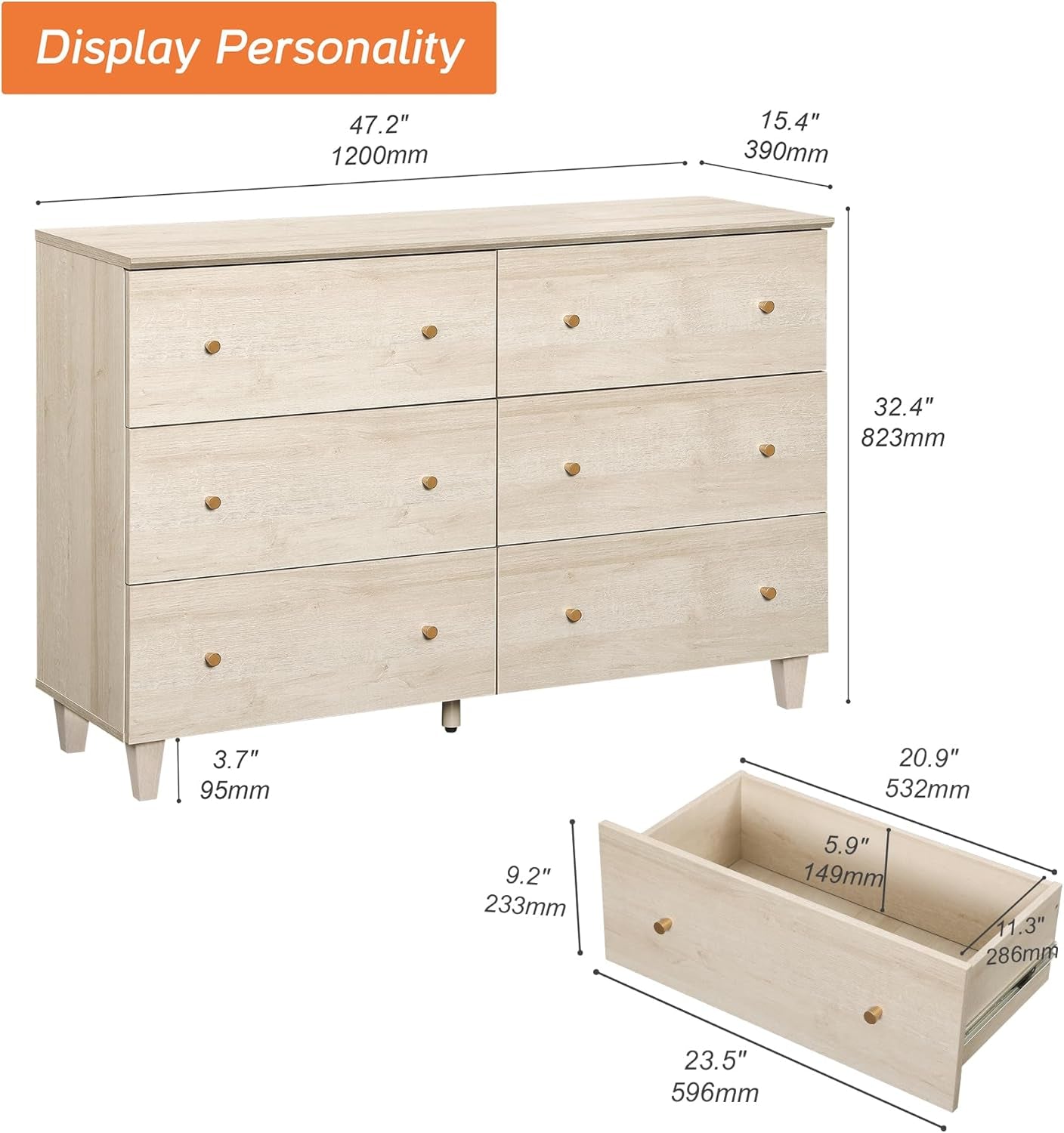 Dresser and Nightstand Set for Bedroom, 47.2 Inches Wood Dresser with 6 Drawers, 1 Piece Nightstand with Charging Station, Chest of Drawers and Bedside Table Set, Light Oak