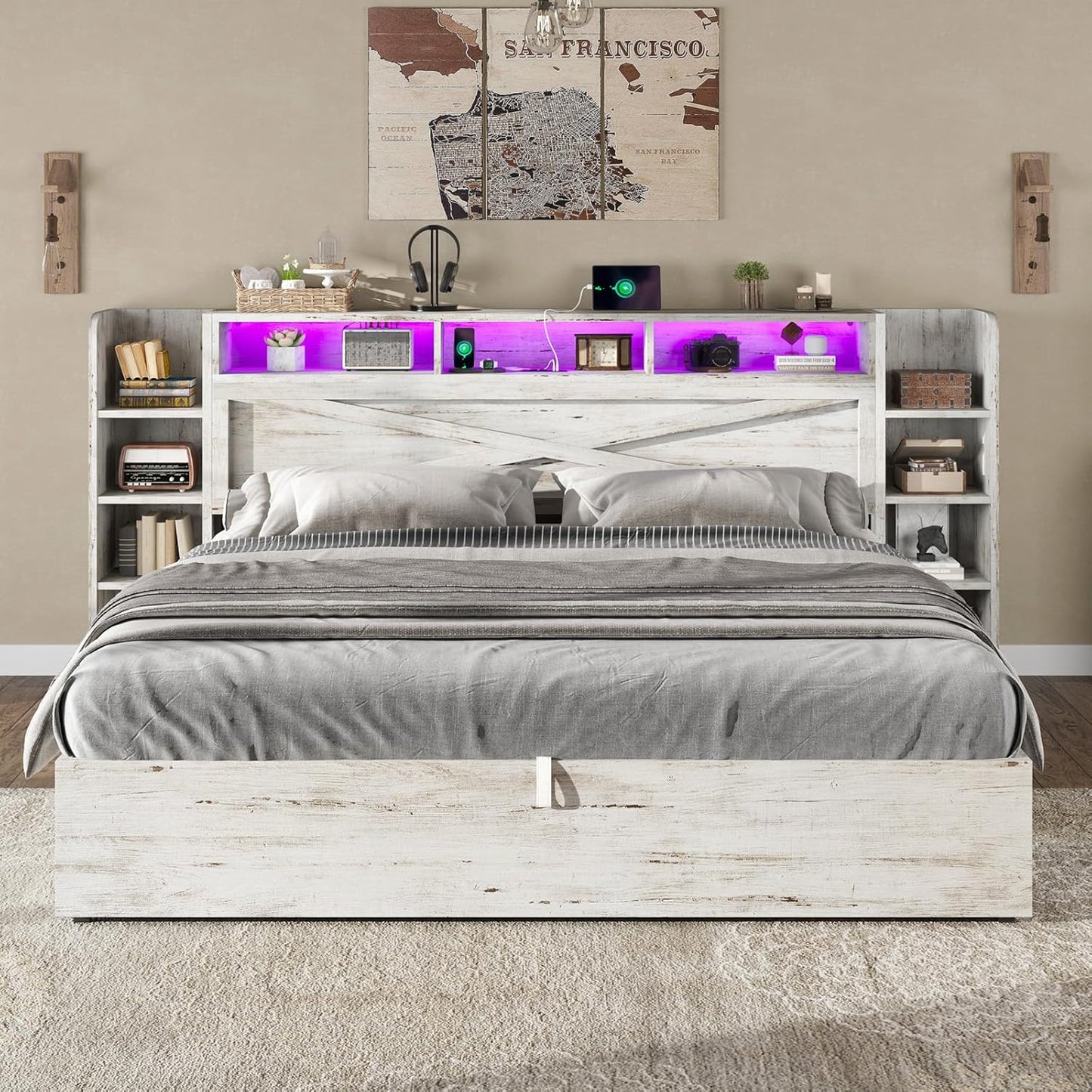 King Size Lift up Storage Bed Frame, 45.1" LED Bed Frame with 2 Side Shelves & Bookcase Headboard, Farmhouse Wood Platform Bed with Charging Station, No Box Spring Needed, Distressed White