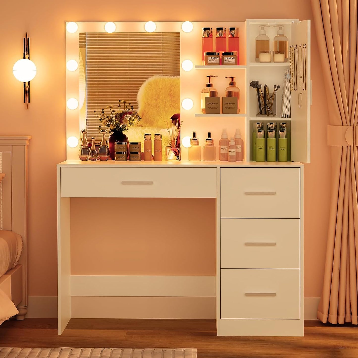 Makeup Vanity with Lights, Vanity Desk with Mirror and 10 LED Lights, Vanity Table Set with 4 Drawers, Cabinet & 4 Necklace Hooks, Dressing Table for Bedroom, White