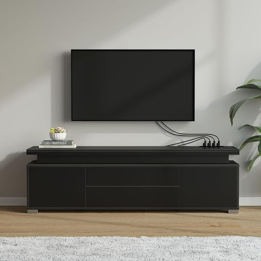 TV Stand with Power Outlet & LED Lights, Modern Entertainment Center for 32/43/50/55/65 Inchs Tvs, TV Table, Universal Gaming LED TV Media Stand with Large Storage Cabinet, Black