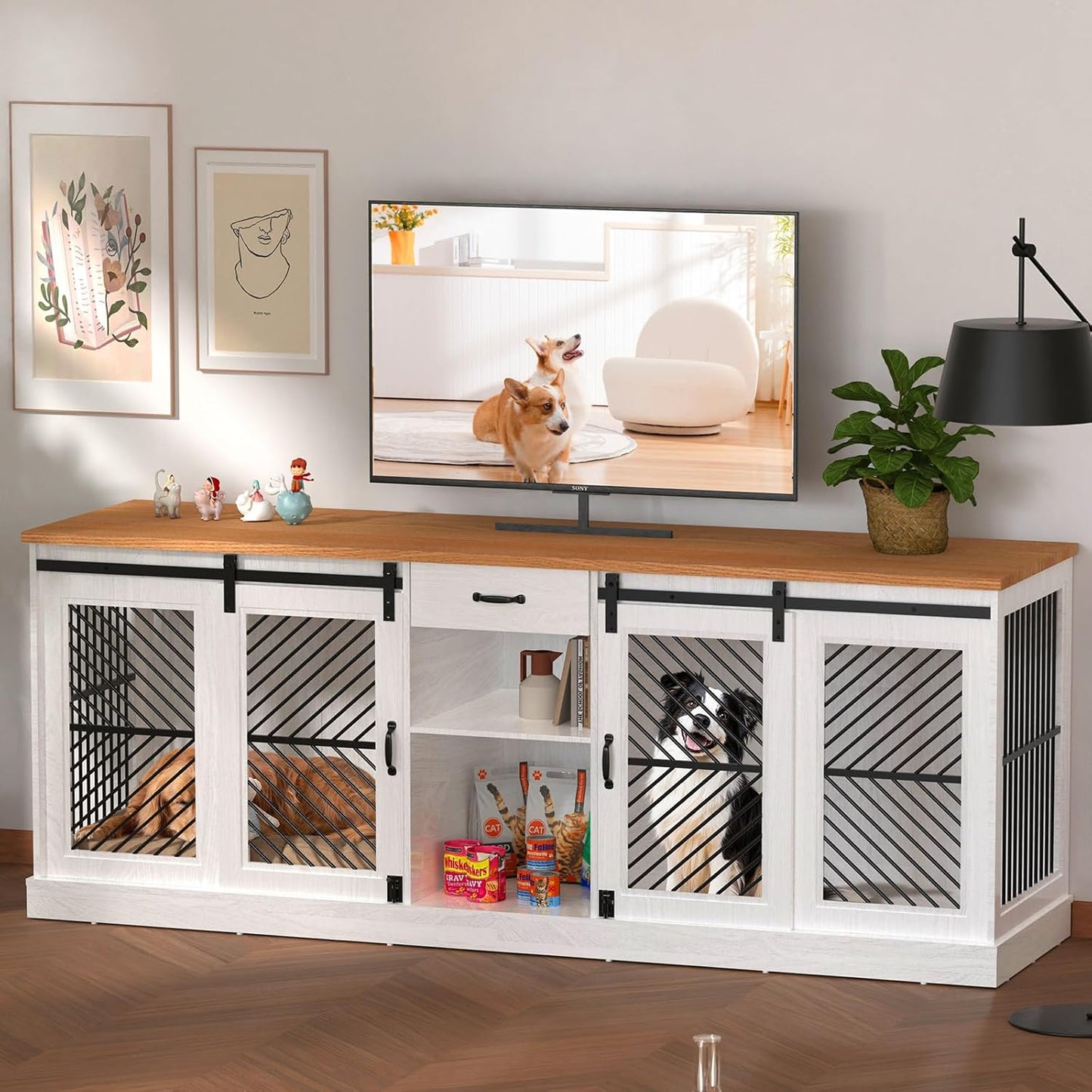 86.6” Large Dog Crate Furniture for 2 Dogs, Decorative Wooden Double Dog Kennel Indoor, Dog Cage TV Stand with Durable Lock & Storage Shelves for Medium Small Pets