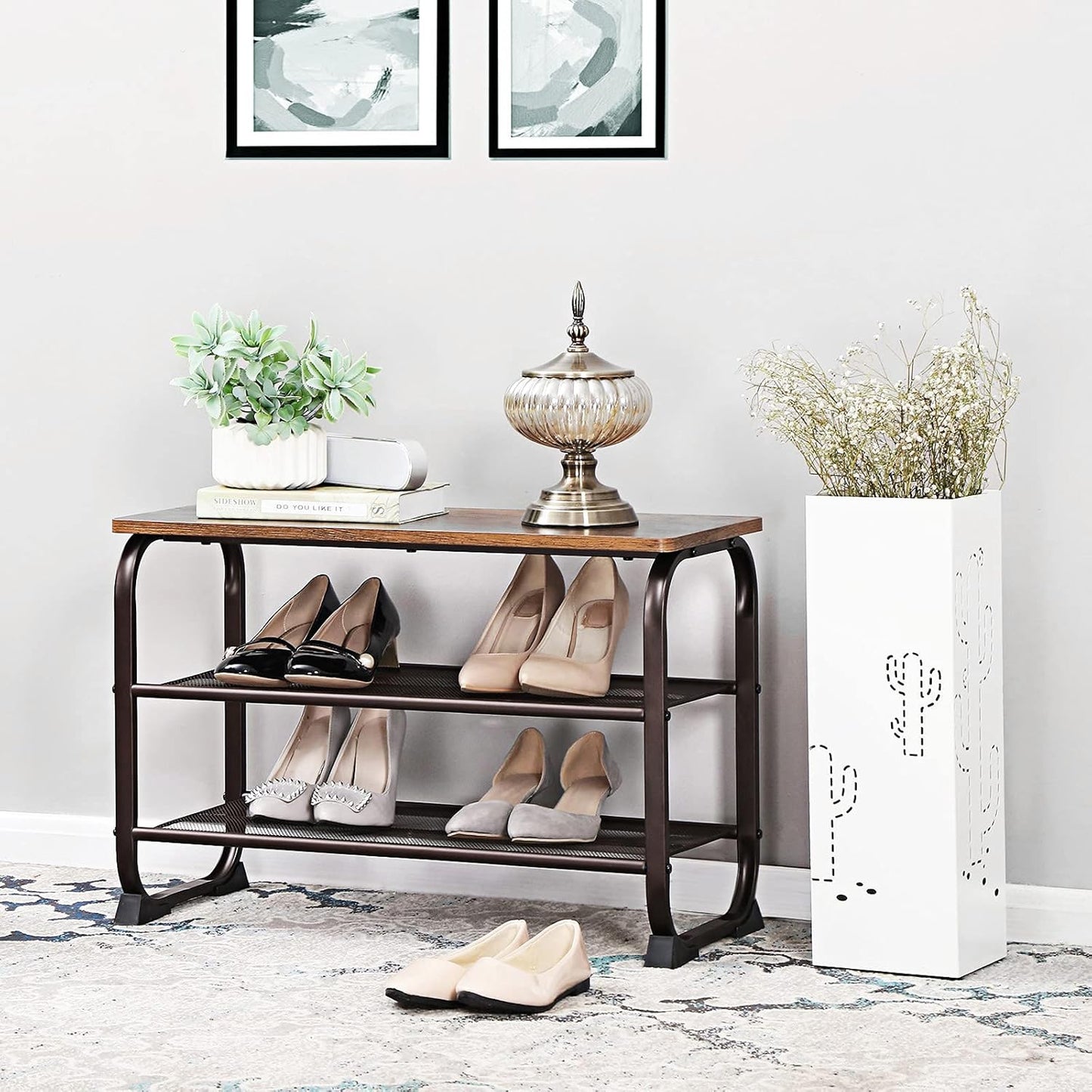 Shoe Bench Rack, 3-Tier Storage Shelf for Entryway Hallway Living Room, Industrial Accent Furniture with Steel Frame, 11.8 X 26.0 X 17.7 Inches, Rustic Brown