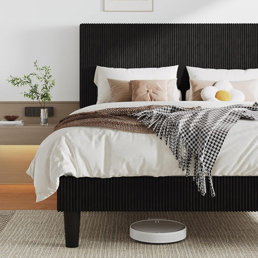 Queen Size Upholstered Bed Frame with Vertical Channel Tufted Headboard, Soft Corduroy Fabric Platform Bed, Strong Wooden Slats Support, Easy Assembly, No Box Spring Needed, Black