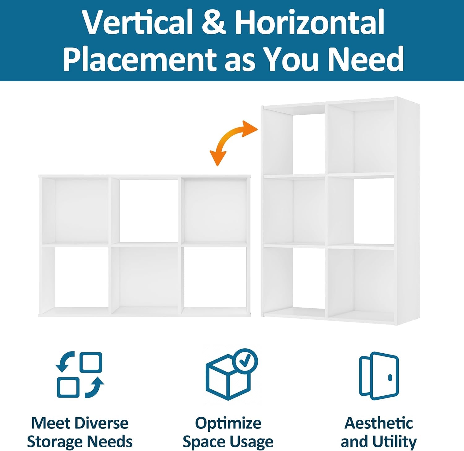 Stackable 6 Cube Storage Organizer: Wood Cubes Shelf Fits Cubby Bins - Square Cubicle Bookshelf Cabinet for Closet Bedroom - Open Storage Shelf for Toy Clothes Book Organization, White