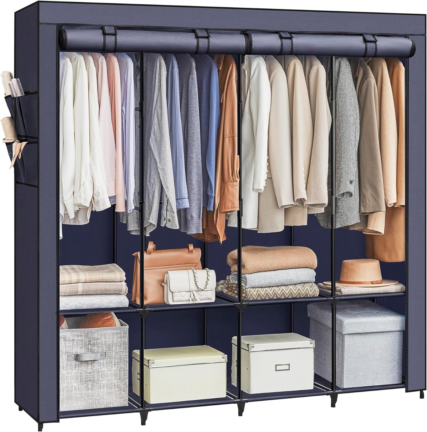 Portable Closet, Wardrobe Closet Organizer with Cover, 3 Hanging Rods and Shelves, 4 Side Pockets, 51.2 X 17.7 X 65.7 Inches, Large Capacity for Bedroom, Living Room, Ink Black URYG092B02