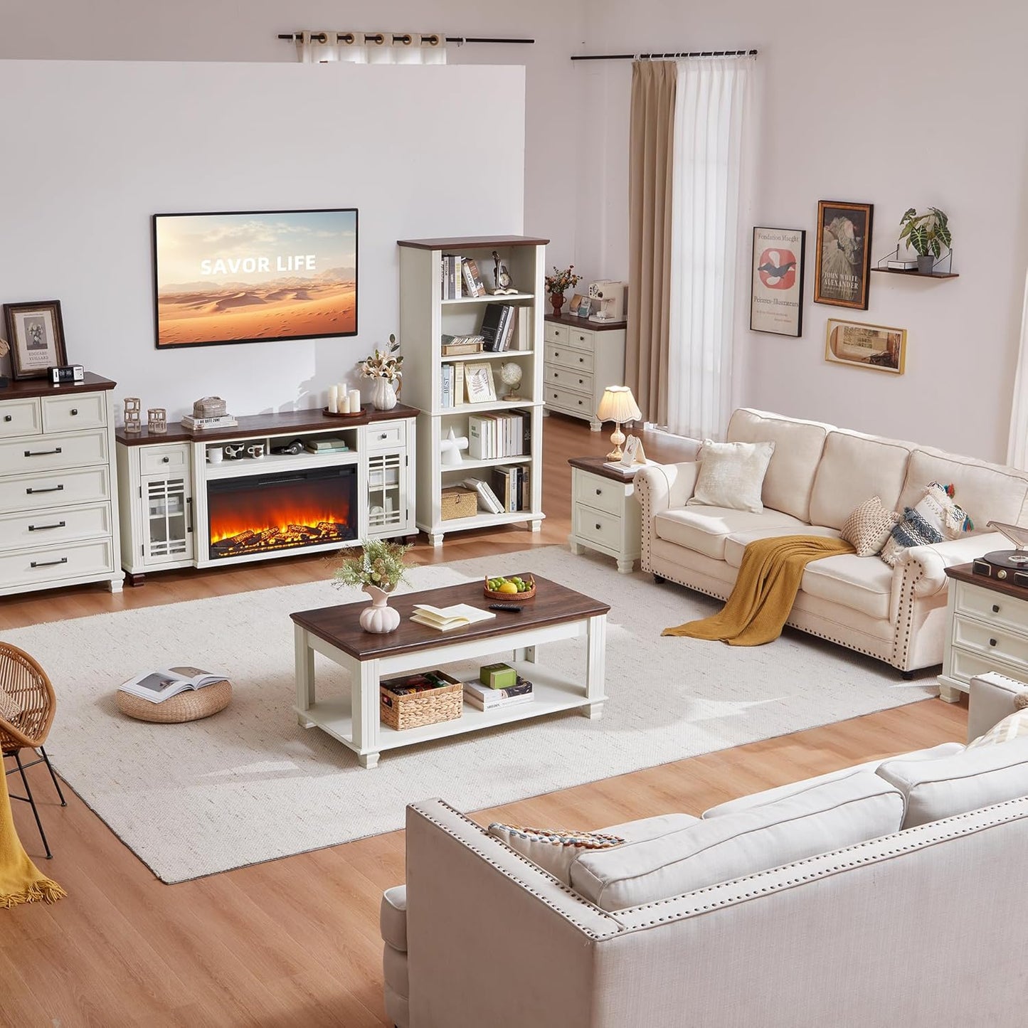 Farmhouse Coffee Table Set of 3, Rustic Wood 3 Piece Coffee and End Table Sets with Open Shelf for Living Room, White