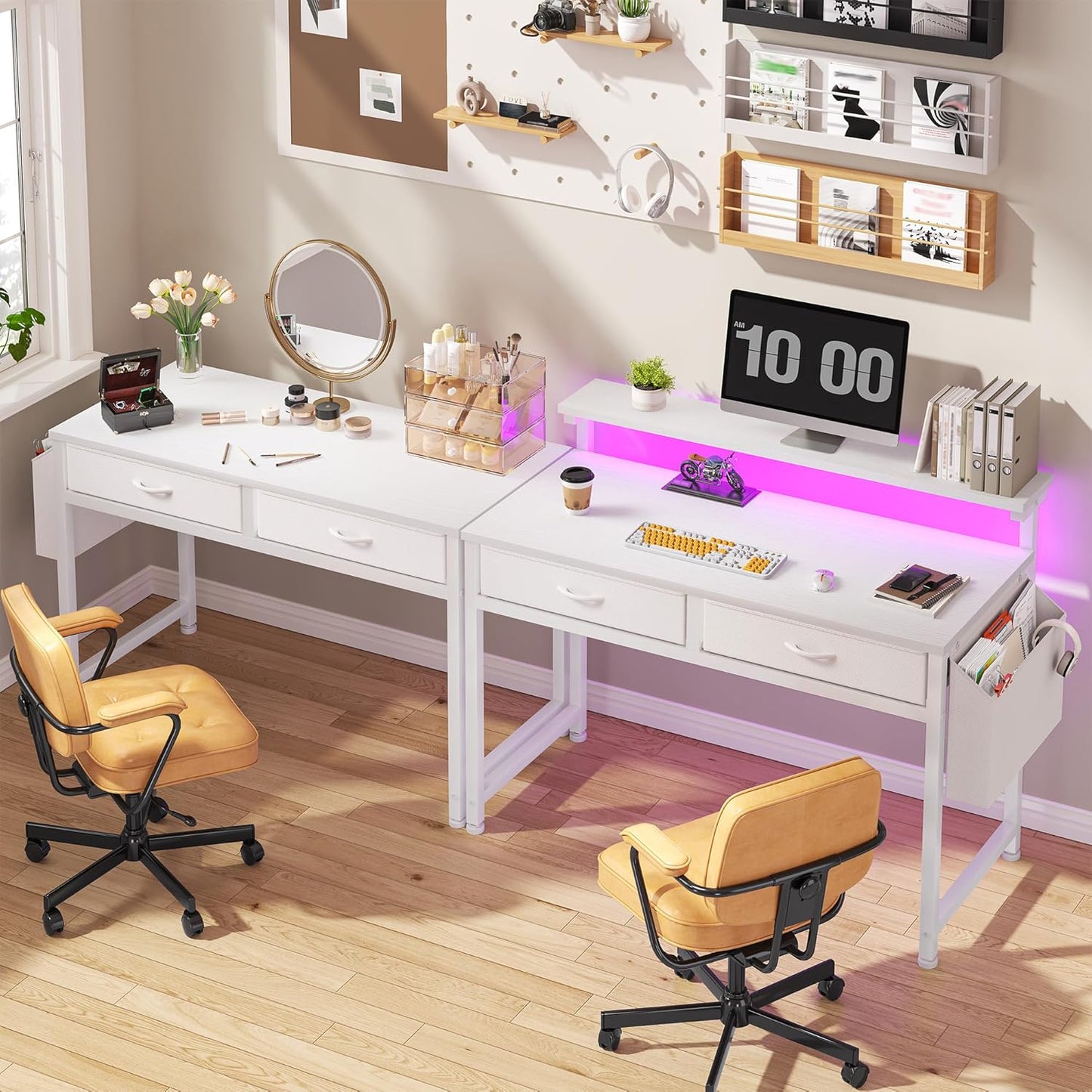 Computer Desk with 2 Drawers & LED Lights,31.5 Inch Home Office Desks with Side Pocket and Monitor Stand,Study Writing Table for Small Spaces,White