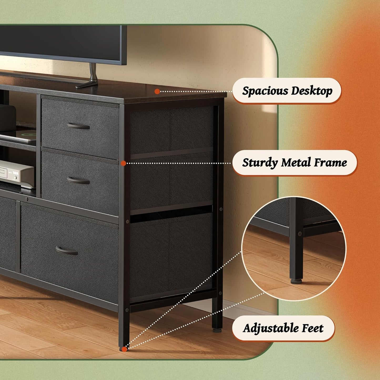 TV Stand Dresser with Power Outlets and LED Lights, 7 Drawer Console for 55 Inch TV, Black PU Leather Bedroom Dresser