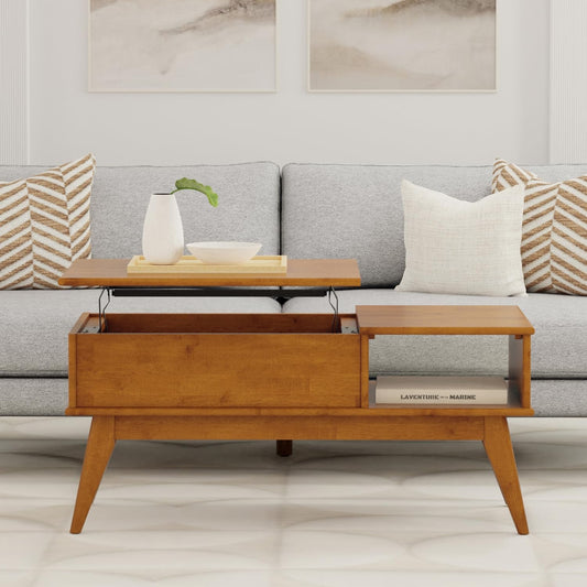 Draper Lift Top Coffee Table - 48 Inch Wide Solid Hardwood Mid-Century Modern Cocktail Table in Teak Brown, Functional Living Room Table with Storage Compartment, Open Shelf and Angled Legs
