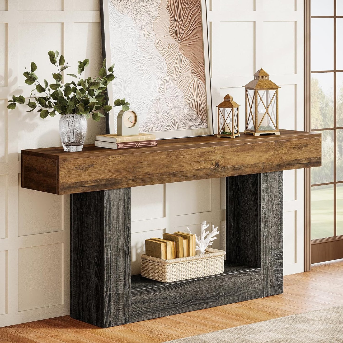 63-Inch Long Console Table, 2-Tier Entryway Table Sofa Table with Storage, Farmhouse Wood behind Couch Tables for Living Room, Hallway, Rustic Brown & Gray