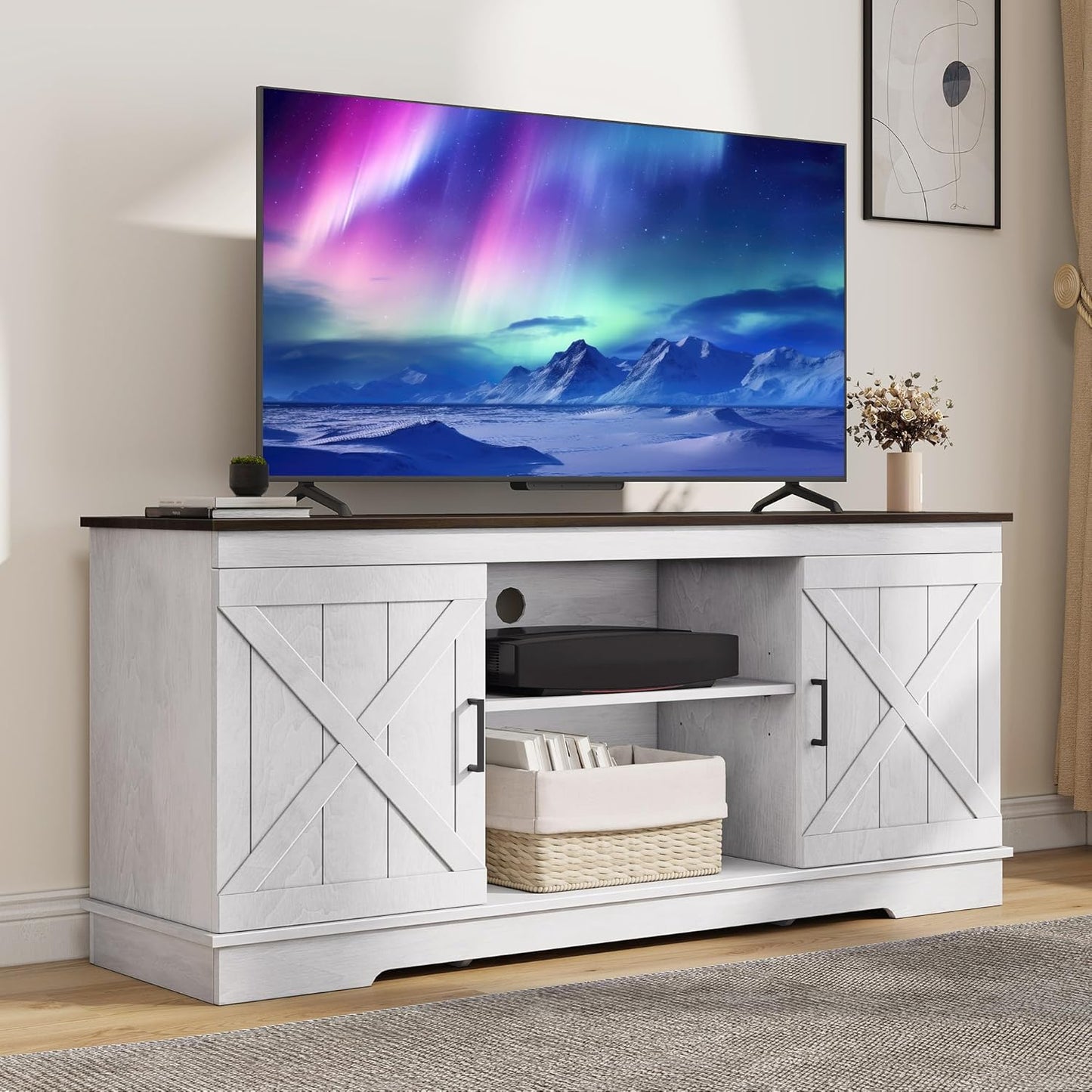 Farmhouse TV Stands for Living Room, Entertainment Center with Storage, TV Stand for 65 Inch TV with Double Barn Doors & Storage Cabinets, Rustic TV Cabinet Media Console, Espresso & Grey White