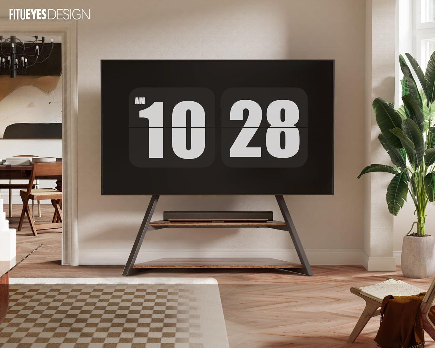 Design Large TV Floor Stand for 75 77 85 86 90 100 Inch Tvs, Heavy Duty TV Stand Mount with Large Wood Entertainment Shelf, Modern Living Room Television Stands, up to 187 Lbs, Eiffel Series