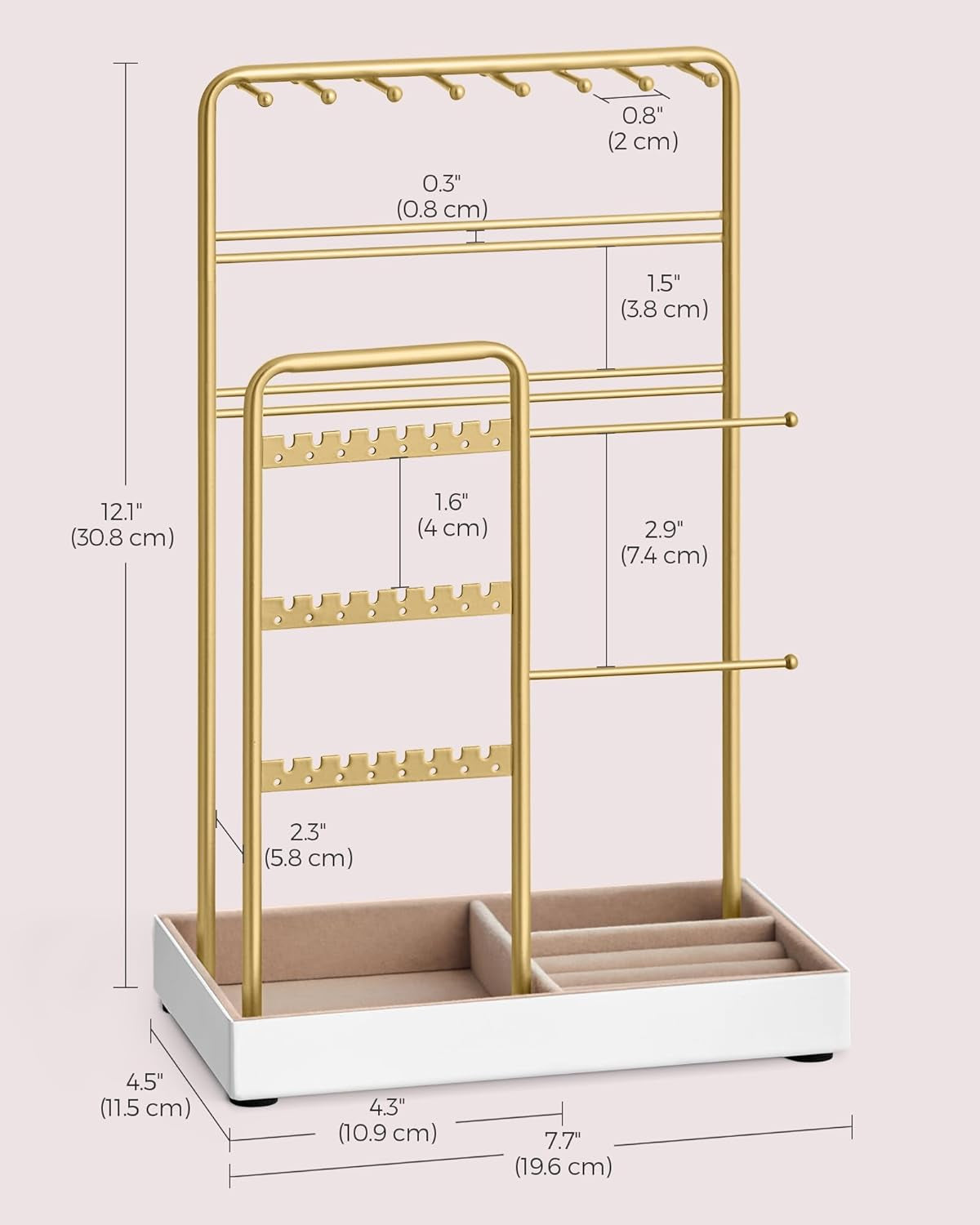 Jewelry Holder, Jewelry Organizer, Jewelry Display Stand with Metal Frame, Velvet Tray, Necklace Earring Bracelet Holder, for Studs, Rings, Gift Idea, Pale Gold UJJS021A01