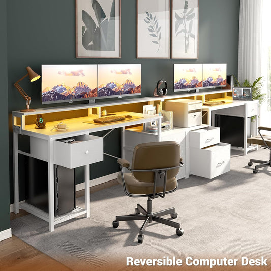 Computer Desk with 3 Drawers, Home Office Desk with File Drawer & Power Outlet, 59'' Gaming Desk with Led Lights, Long Work Desk with Storage Shelves, Printer Cabinet and Monitor Shelf, White