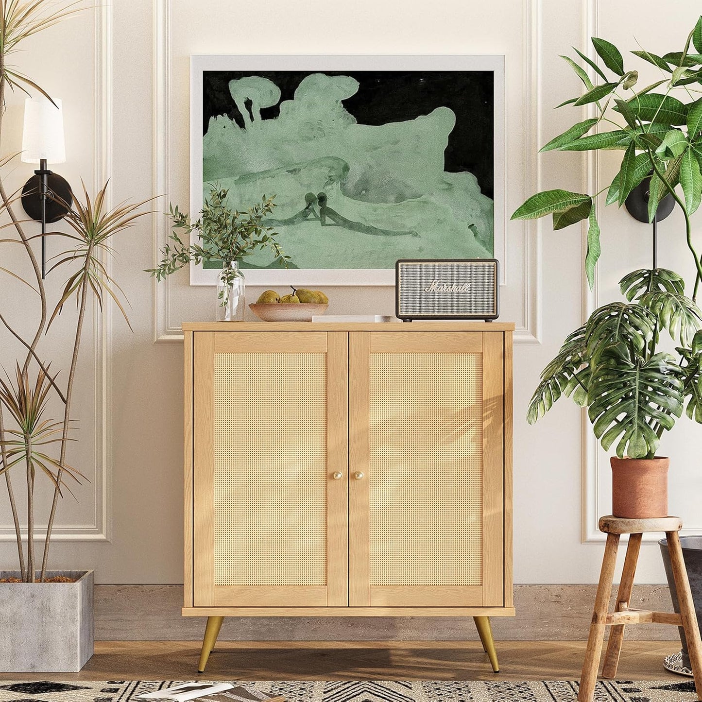 Rattan Buffet Cabinet with Storage, Sideboard Buffet Cabinet with Rattan Decor Doors, Modern Wood Cupboard for Kitchen Living Room Dining Room Hallway Entry, Natural