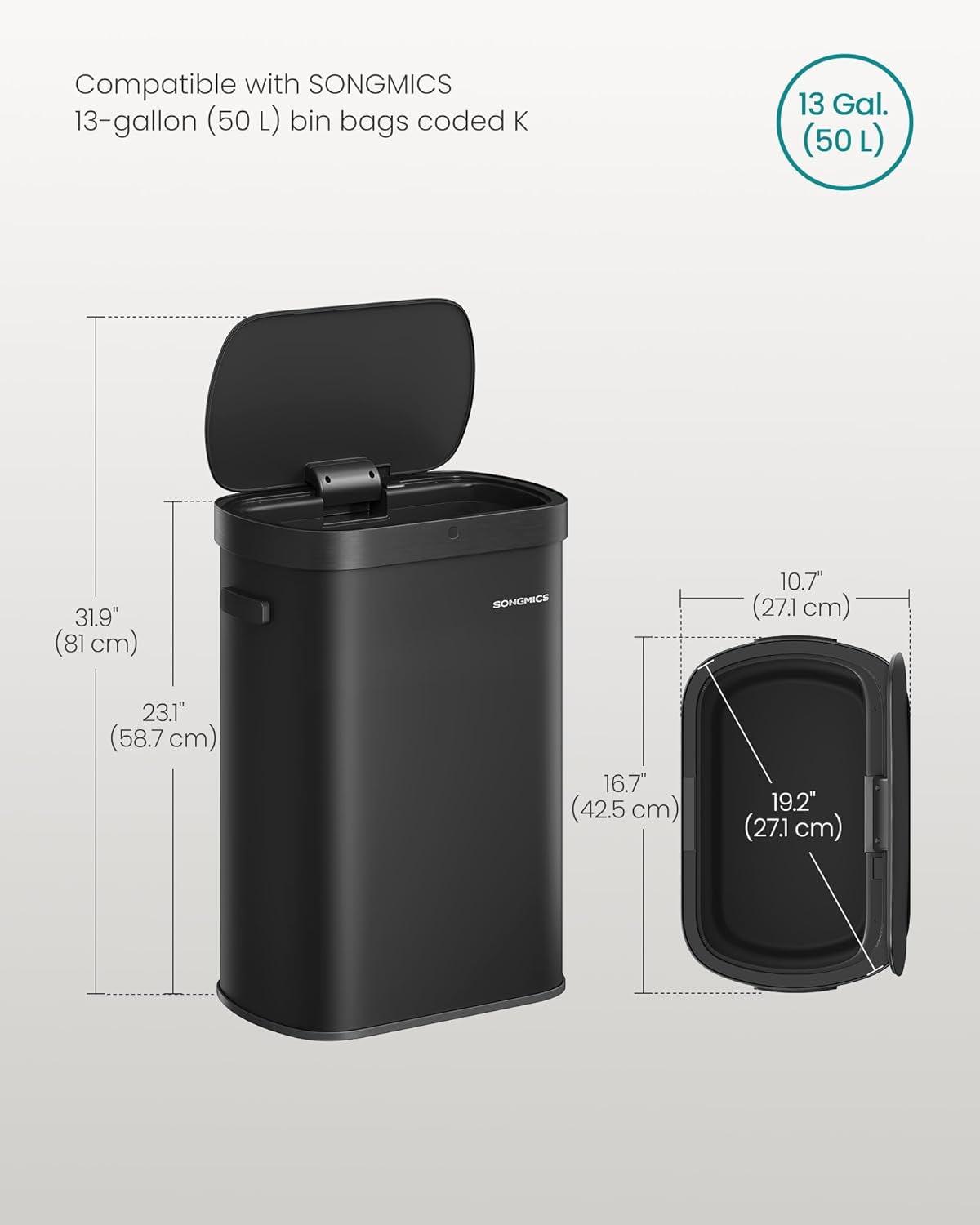 Ink black stainless steel motion sensor trash can with soft close lid, view 7